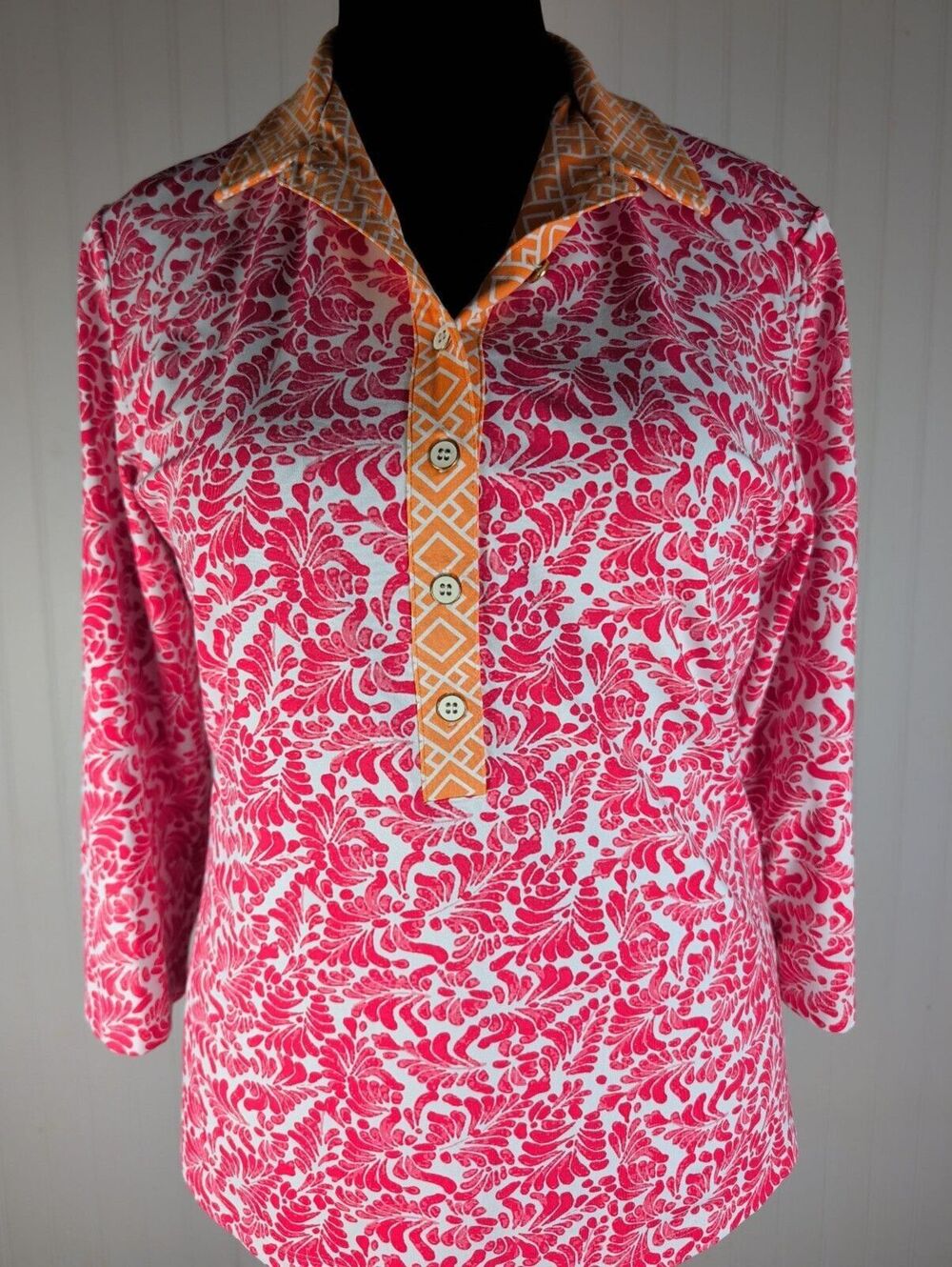 J.McLaughlin Catalina Cloth Popover Shirt Coral Orange Floral Geometric Medium